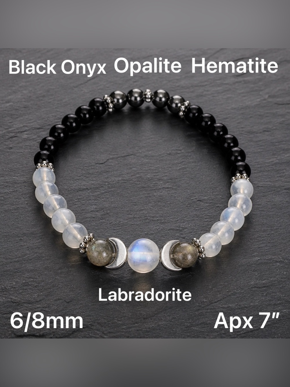Labradorite Onyx Hematite Opalite Crystal / StoneBeaded Bracelet - Moon Phase